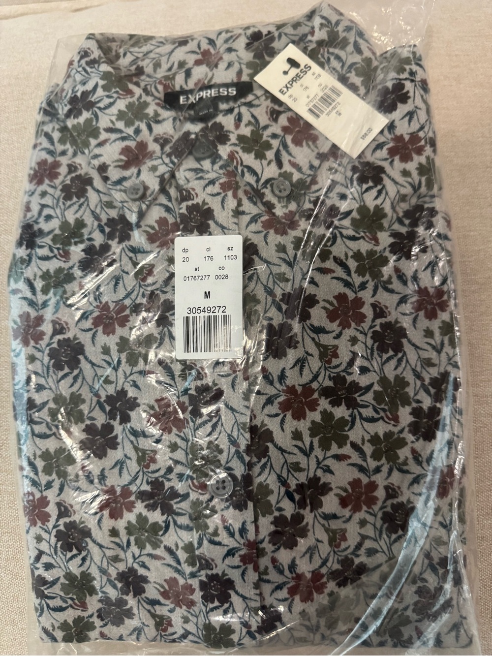 Express Men’s Button-Down Shirt — Gray Base with Green & Brown Floral